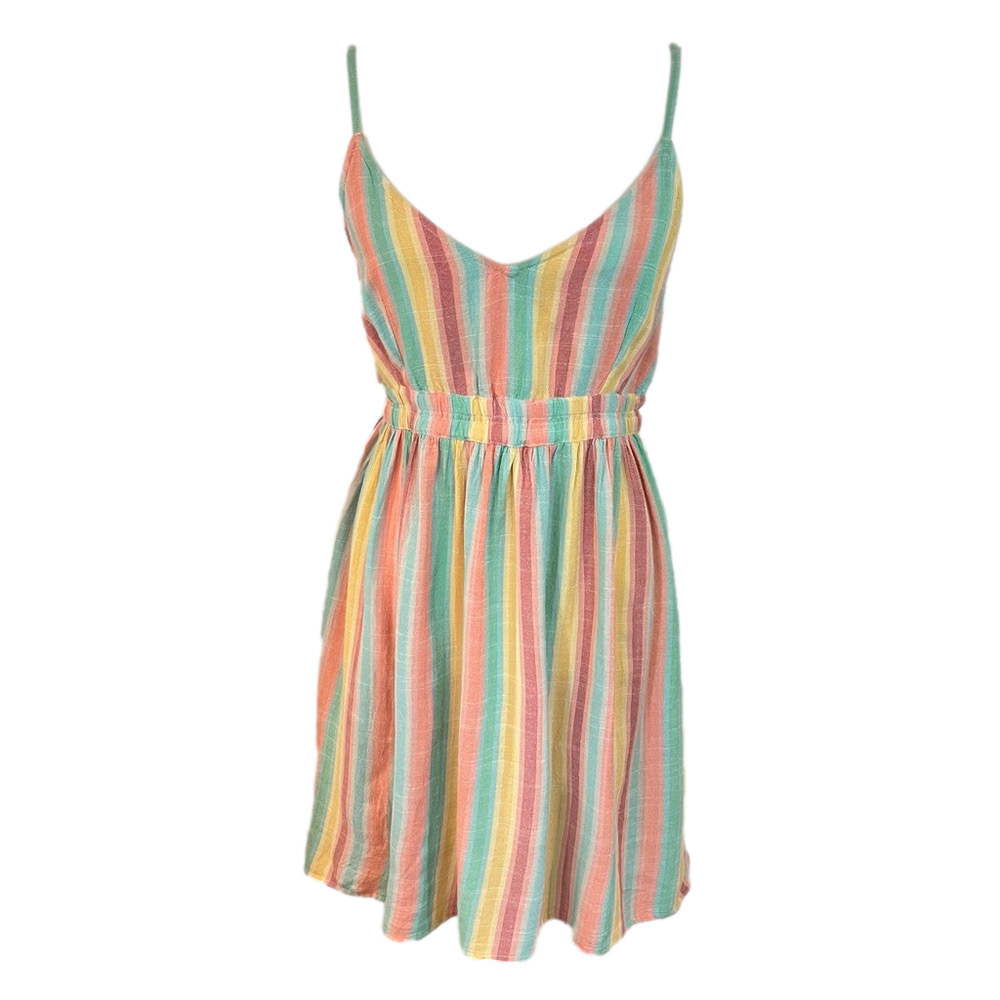 O'Neill Kenzie Rainbow Pastel Striped Babydoll Mini Dress Medium Summer Boho
